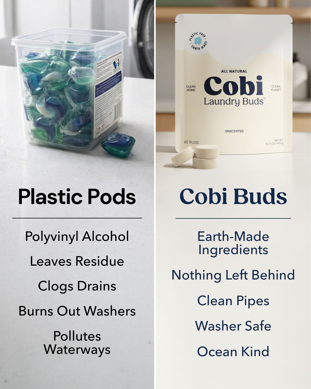 Comparison showing plastic pods leave residue while Cobi Buds dissolve completely